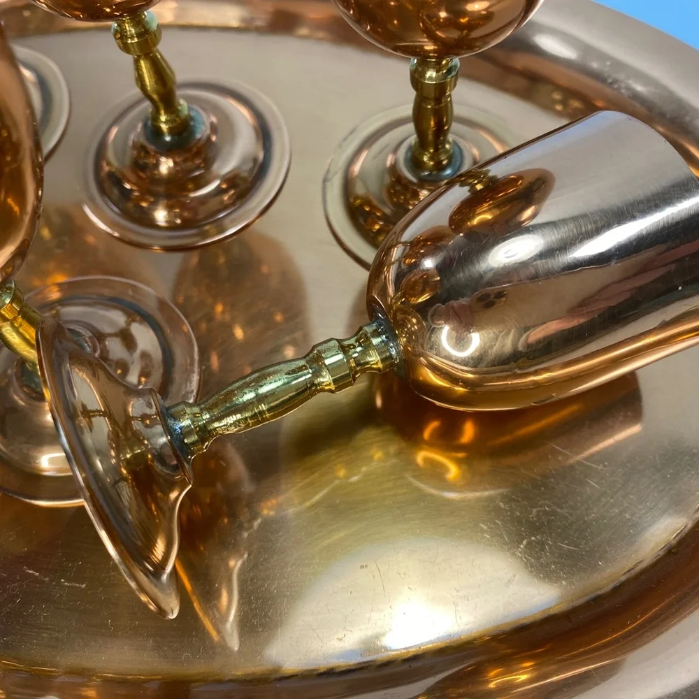 VTG Mexico Brass Copper Plate 6 Tequila Stem Cups & Oval Tray w Handles 11 x 7